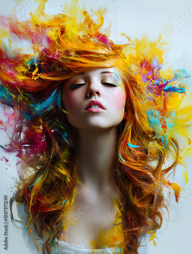 A woman with closed eyes as vibrant colors erupt around her hair, representing passion, emotional release, and the power of inner fire transforming into beauty.