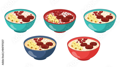 Colorful bowls of sweet dessert with red beans rice and yellow fruit