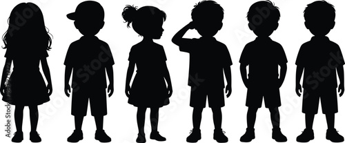 Cute children silhouettes vector illustration showing boys and girls standing together, childhood diversity, playful character poses, minimalist black design