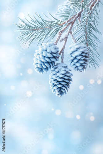 A peaceful winter background with soft blue sky and snow-covered pine branches, symbolizing calm, clarity, and fresh beginnings, with open space inviting reflection or text.