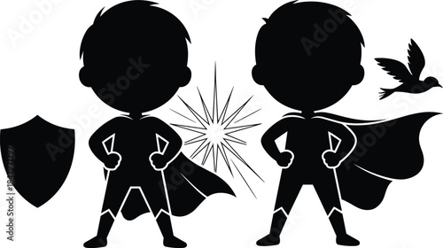 Cute superhero kids silhouettes vector illustration featuring brave children characters with capes, shield, power concept, cartoon hero design