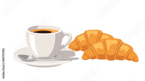 A simple breakfast composition featuring a croissant and a cup of black coffee