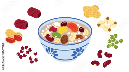 A colorful bowl of sweet bean porridge with various toppings and ingredients