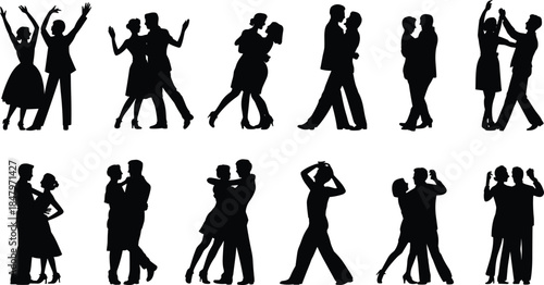 Dancing couple silhouette vector set with diverse poses and styles for lifestyle, performance, and social event illustration themes.