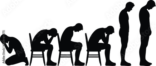 Depressed man silhouettes vector illustration showing emotional stress, anxiety, sadness poses, mental health struggle concept, expressive human body language