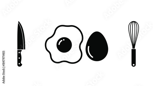 Black and white illustration of cooking utensils and breakfast items