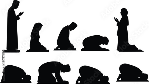 Islamic prayer positions silhouette, Muslim worship poses, spiritual Salah sequence, gradient background, religious vector art, flat illustration