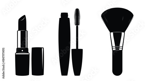 Black and white illustration of various makeup items arranged in a row