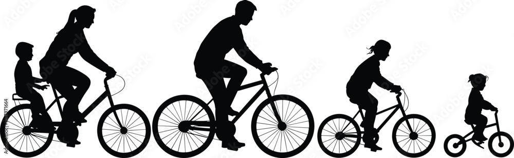 Fototapeta premium Family cycling silhouettes vector illustration showing parents and children riding bicycles together, healthy lifestyle, outdoor activity, bonding concept
