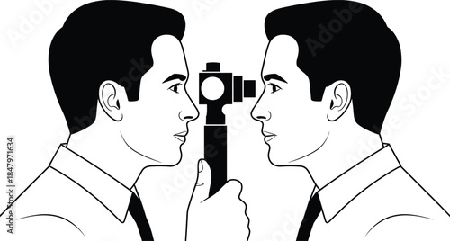 Eye exam silhouette vector with mirrored figures and ophthalmoscope for medical, introspection, and conceptual illustration themes.