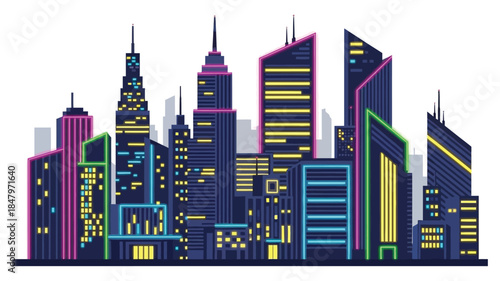 A vibrant retro style cityscape featuring glowing neon skyscrapers and buildings