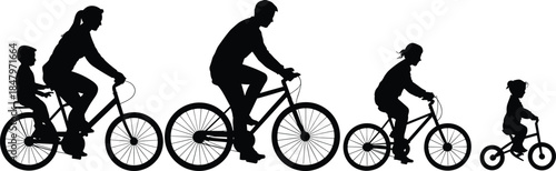 Family cycling silhouettes vector illustration showing parents and children riding bicycles together, healthy lifestyle, outdoor activity, bonding concept