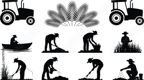 Farmer agriculture silhouettes vector illustration showing rural farming activities, tractors, planting, irrigation, harvesting work, countryside lifestyle concept design