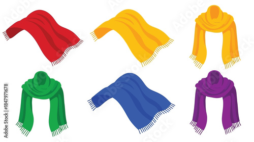 Colorful scarves in red yellow green blue and purple hues displayed neatly