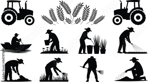 Farming activity silhouette vector set with tractors, tools, and farmers for agriculture, labor, and nature illustration themes.