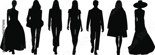 Fashion models walking silhouettes vector illustration showing stylish men and women runway poses, modern fashion show concept, minimalist black design