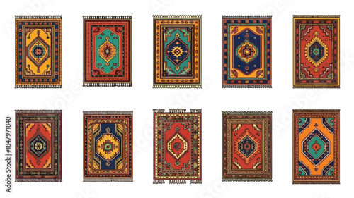 A collection of intricately patterned and colorful oriental rugs displayed in a grid