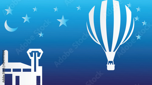 White hot air balloon and building silhouette against starry blue night sky
