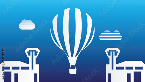 White hot air balloon floats above white buildings and clouds on blue gradient background