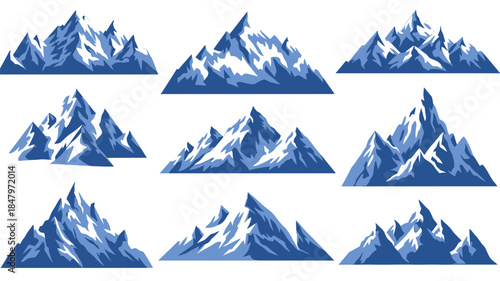 Stylized blue mountain range illustrations arranged in a grid pattern on a white background