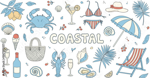 Coastal, beach, summer, crab, lobster, bikini, sunhat, umbrella, beach chair, seashell, cocktail, wine, champagne, lemon, berries, tropical, vacation, seaside, holiday, vector illustration