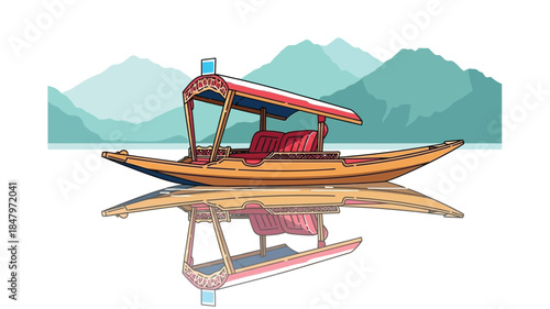 A beautifully decorated wooden boat floats peacefully on calm waters