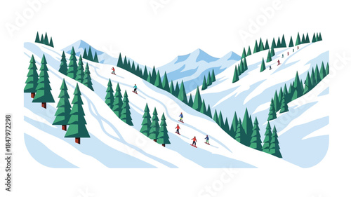 Scenic winter landscape with skiers enjoying snowy mountain slopes and pine trees