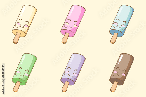 Set of cute pastel cylindrical ice cream popsicle cartoon vector illustration with a happy smiling face. Kawaii dessert in soft pastel colors.