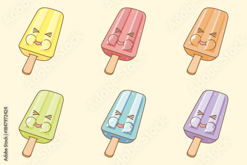 Set of cute pastel  homemade ice cream popsicle cartoon vector illustration with a happy smiling face. Kawaii dessert in soft pastel colors.