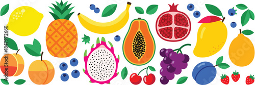 Fruit illustration set, colorful tropical produce, healthy food design, summer harvest artwork, flat vector layout, organic theme