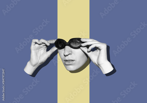 Collage with a woman in swimming  goggles