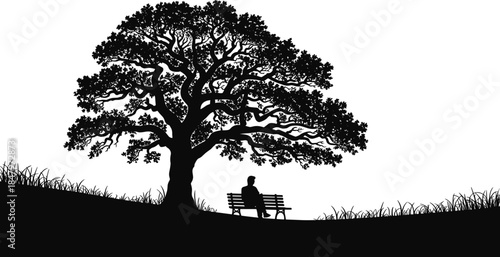 Tree and bench silhouette vector with seated figure for nature, reflection, lifestyle, and contemplative outdoor themes.
