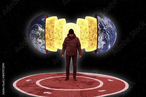 Collage with a standing man and divided Earth on background	