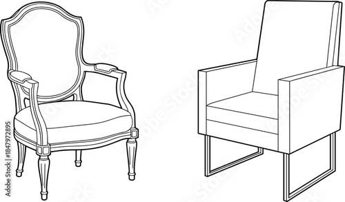 Traditional and modern armchair vector comparison with ornate and minimalist styles for furniture, interior design, and lifestyle themes.