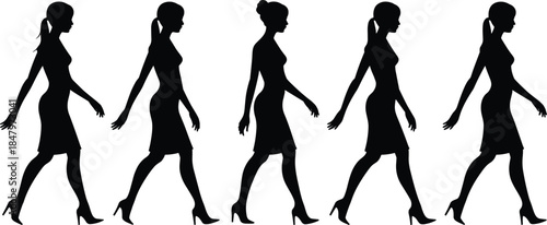 Walking women silhouettes vector illustration showing elegant female movement, fashion poses, modern lifestyle concept, minimalist black design isolated background