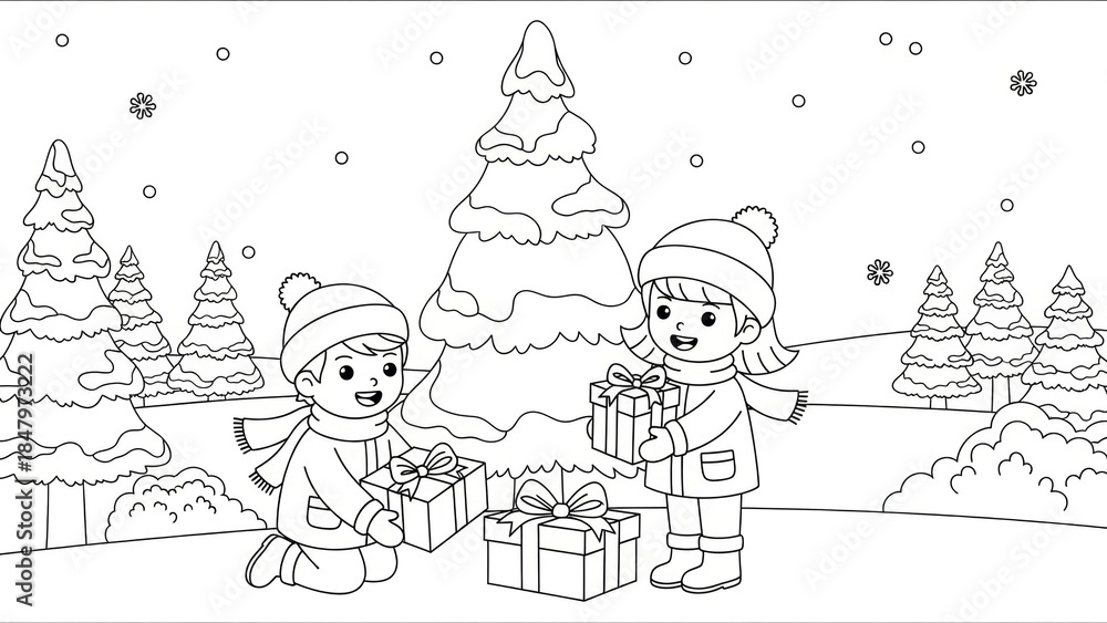 Fototapeta premium Children Giving Christmas Gifts in a Festive Winter Landscape Scene