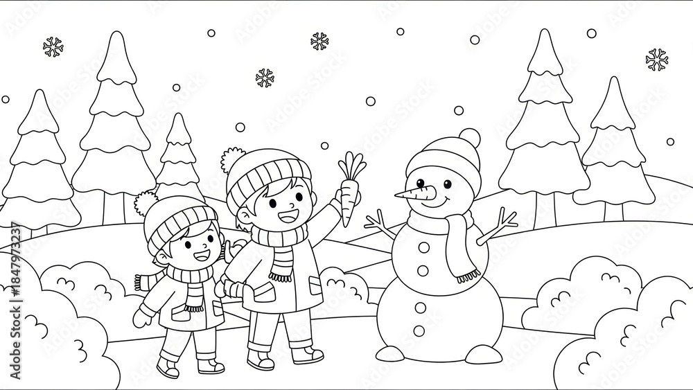 Fototapeta premium Children Building a Snowman Amidst Winter Wonderland Trees and Falling Snow