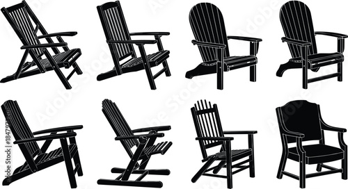 Wooden chair silhouettes vector illustration collection featuring classic outdoor and indoor seating designs, furniture set, minimalist black furniture icons