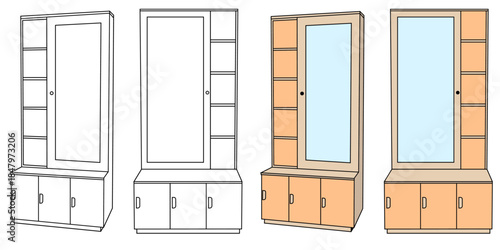 Dressing table front and side view line art for interior design element and graphic resources