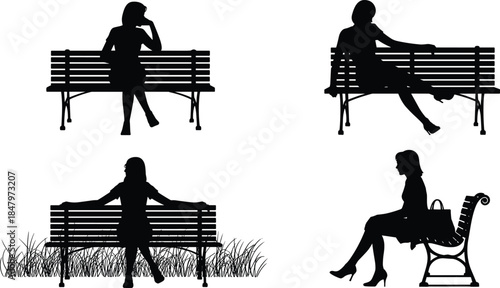 Woman sitting on park bench silhouettes vector illustration showing waiting, relaxation, loneliness and leisure moments, outdoor lifestyle minimalist design