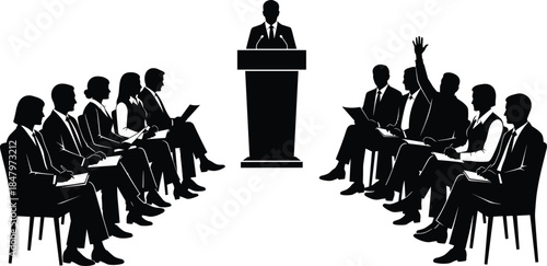 Business meeting silhouette illustration showing speaker at podium with audience, teamwork discussion, leadership communication and corporate presentation in vector design