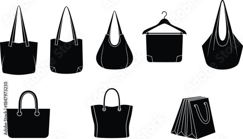 Bag silhouette illustration set showing various tote, handbag and shopping bag designs for fashion accessory, retail display and product vector design