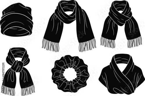 Scarf and accessory silhouette illustration set showing various wrapping styles, fashion neckwear designs and fabric styling options in simple vector design
