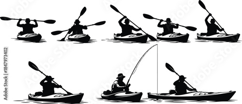Kayaking silhouette illustration set showing paddling, fishing and recreational kayak activities, outdoor water sport icons in simple black vector design