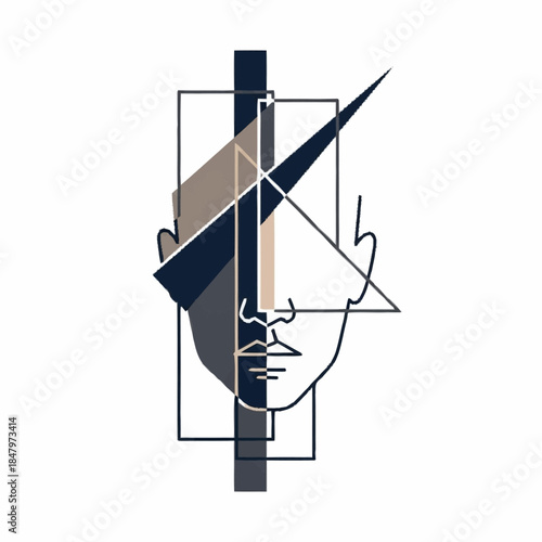 Abstract human face with geometric shapes and lines.