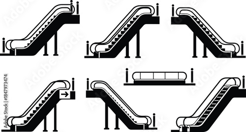 Escalator and moving walkway direction icons showing upward, downward and horizontal transport symbols for public facility signage in simple vector style