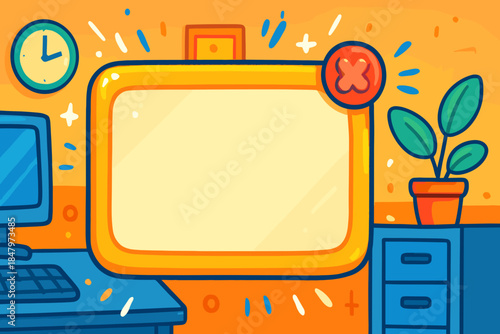 Cute Desk Setup with Computer, Clock and Plant