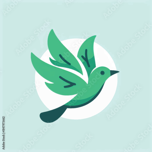 Green bird illustration flying with leaf wings in a circle design.