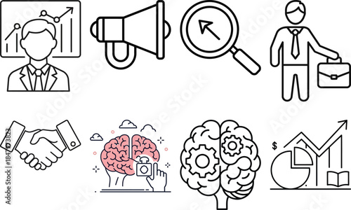 Businessman analyzing data with magnifying glass and graph illustrating strategic planning and teamwork