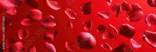 Whimsical Floral Fantasy: Floating Petals and Rosy Blooms on a Vivid Red Canvas